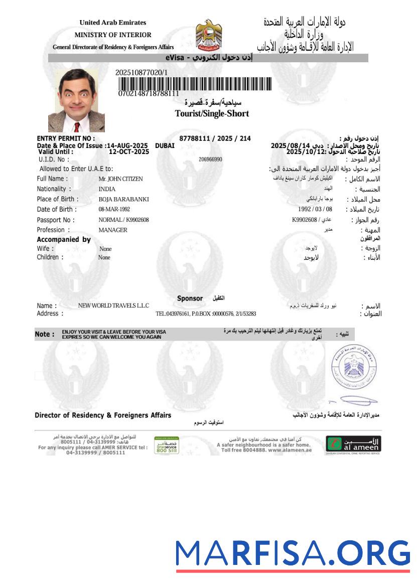 Downloadable Uae e visa template in Word and Pdf formats, version 9